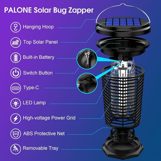 PALONE LT808S Napelemes Elektromos Szúnyogirtó Lámpa és UV Rovarcsapda - 4500V, IPX4, 100 m²