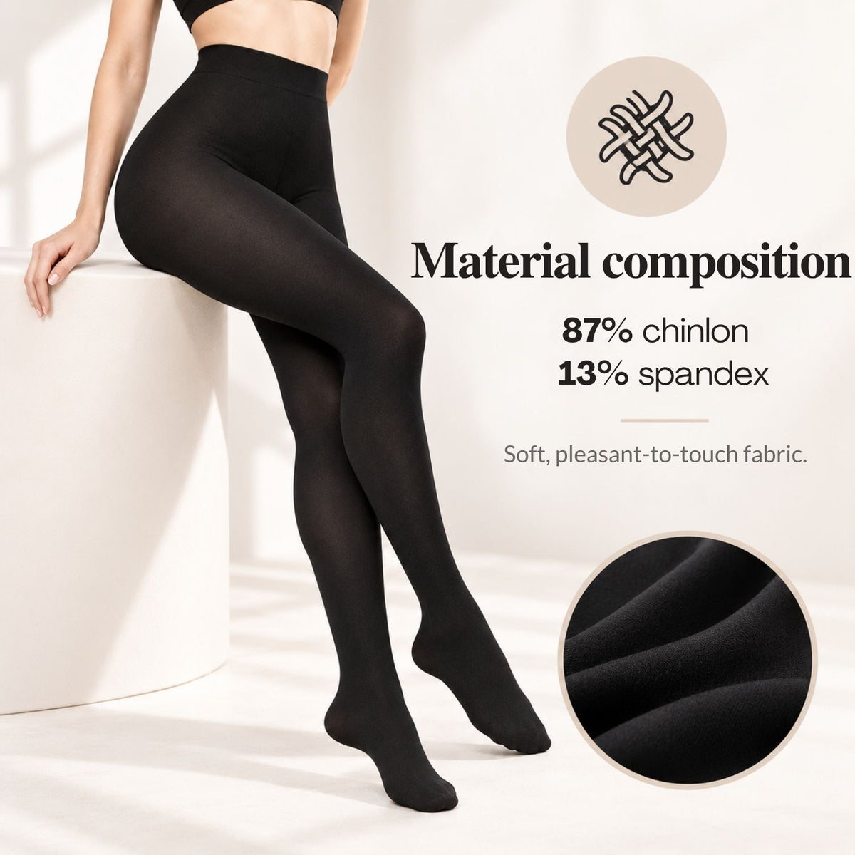 Složení materiálu černých punčocháčů: 87% chinlon, 13% elastan