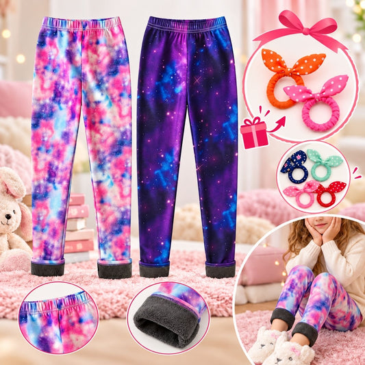 Dziecięce Legginsy Zimowe z Polarem w Wzór Galaxy – 2 szt. Spodni Termoaktywnych + 2 gumki do włosów