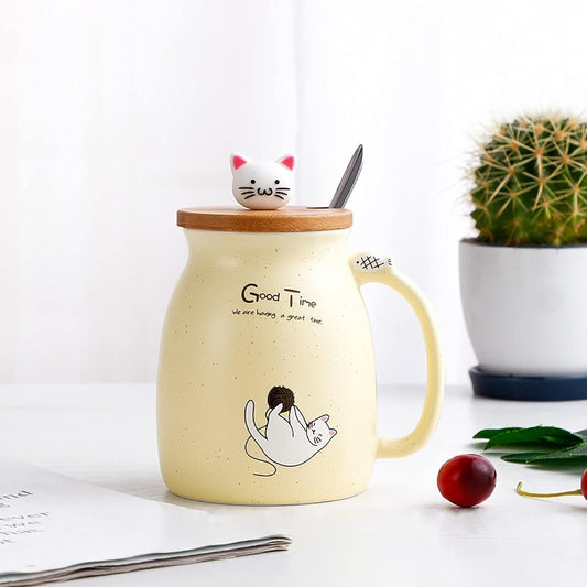 Ceramiczny kubek z kotem z pokrywką i łyżeczką – 450 ml, do kawy i herbaty