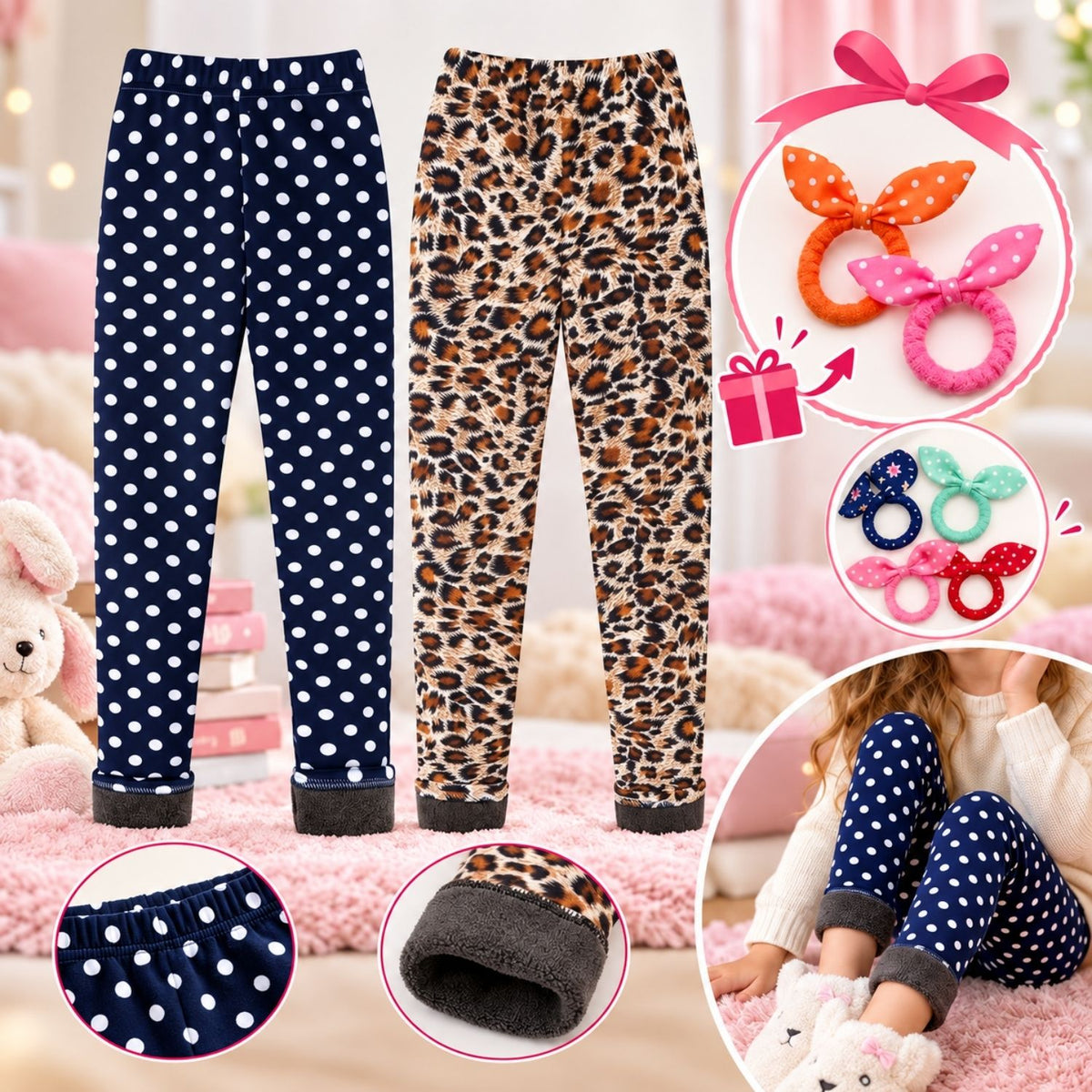 Adorel dječji zimski flis legging set (2 kom) – s točkicama i uzorkom leoparda (120)