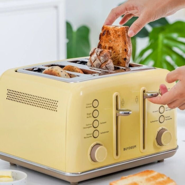 Toster Buydeem DT640E – na 4 kromki, w stylu retro w kolorze cytrynowym