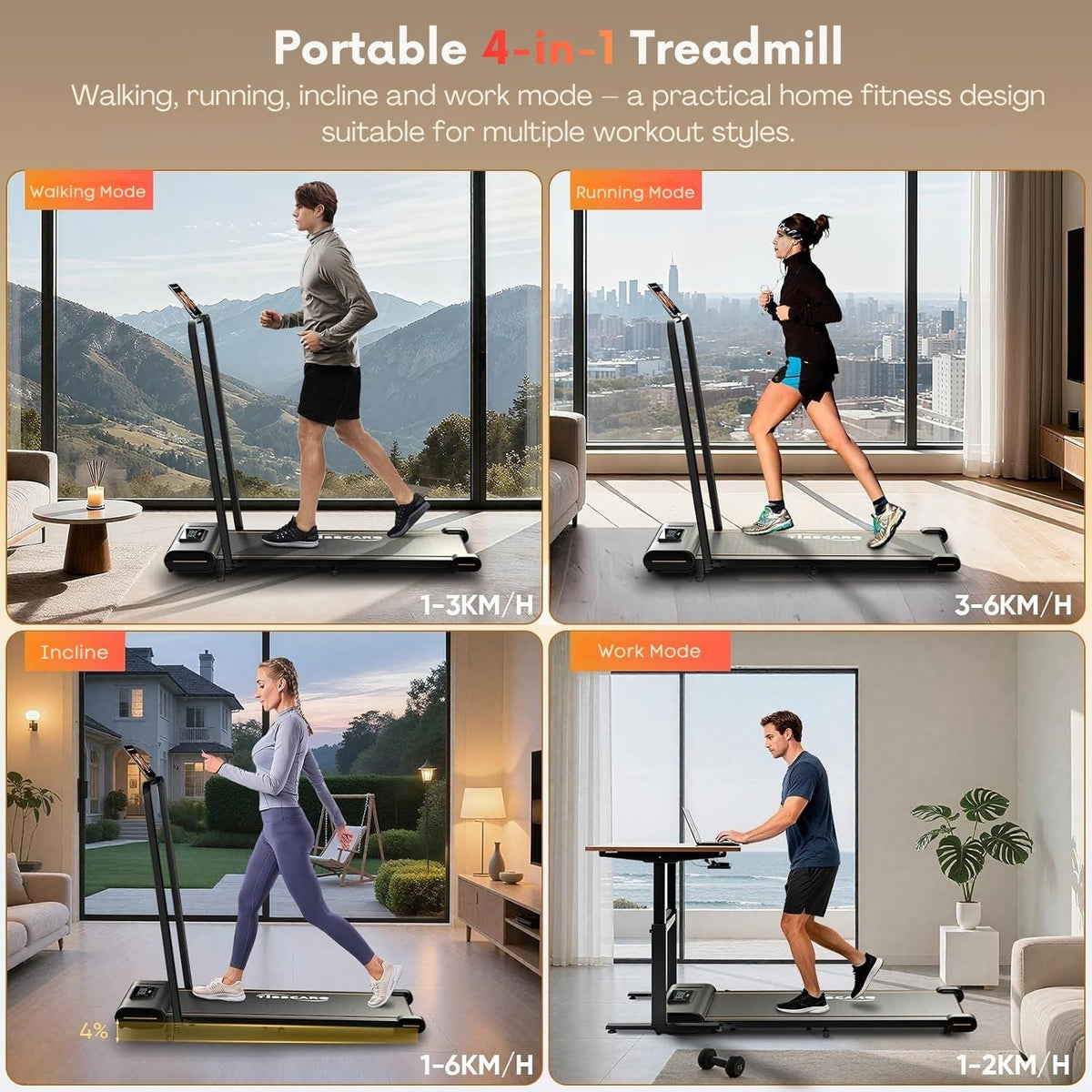 TISSCARE 4-in-1-Geh- und Laufband mit verstellbarer Steigung, 6 km/h, 130 kg