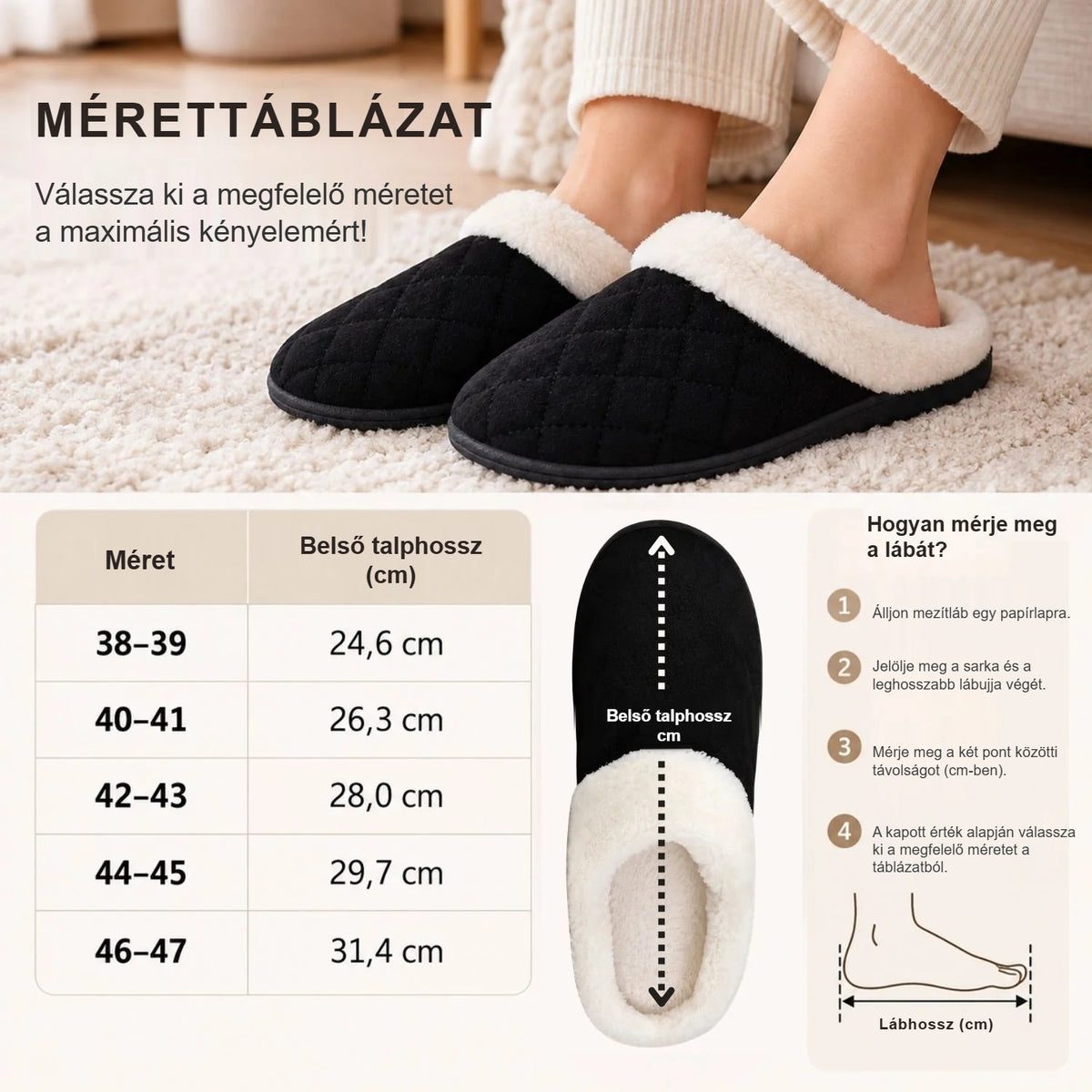 Téli mamusz mérettáblázata 38–39-től 46–47-ig, belső talphosszal és mérési útmutatóval