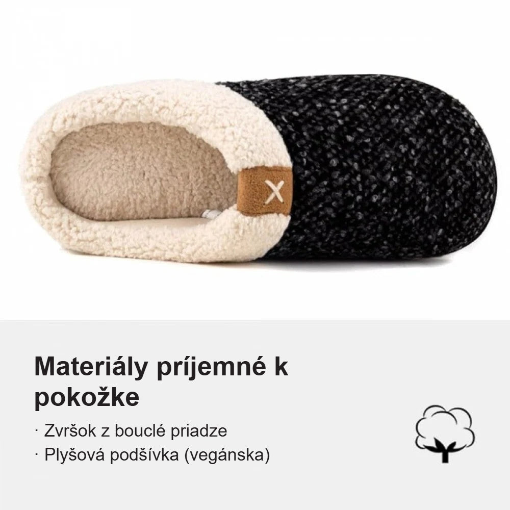 Materiál papúč príjemný k pokožke: pletený zvršok a plyšová podšívka z umelej kožušiny