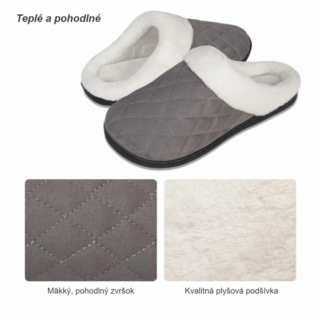 Detail mäkkého prešívaného zvršku a teplej plyšovej podšívky zimných papúč