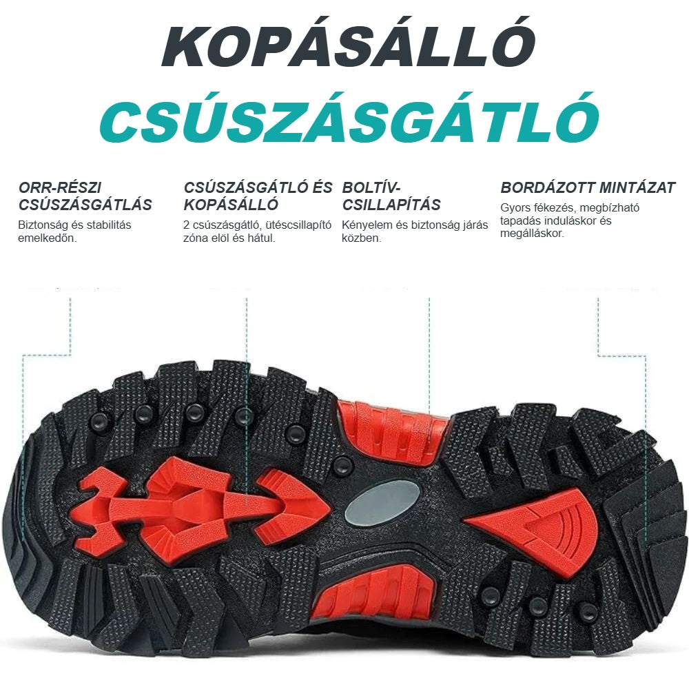 Fekete-piros gyerek túracipő kopásálló, csúszásgátló talpmintája