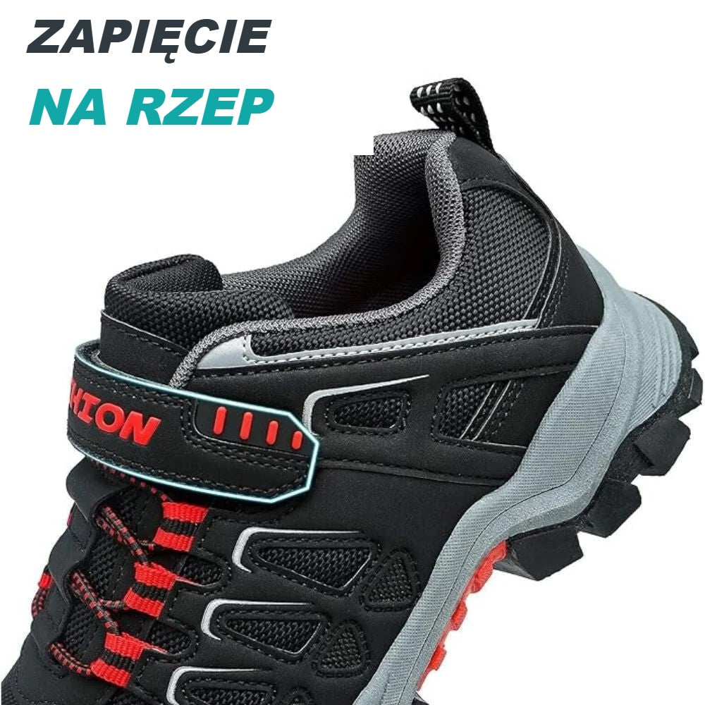 Zapięcie na rzep w czarno-czerwonych butach dziecięcych