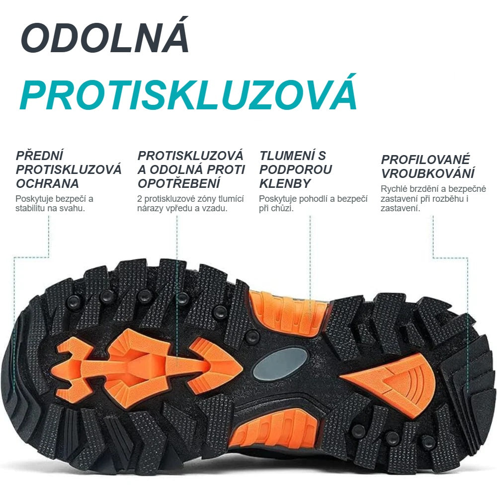 Oranžové protiskluzové zóny na TPR podrážce dětských turistických bot