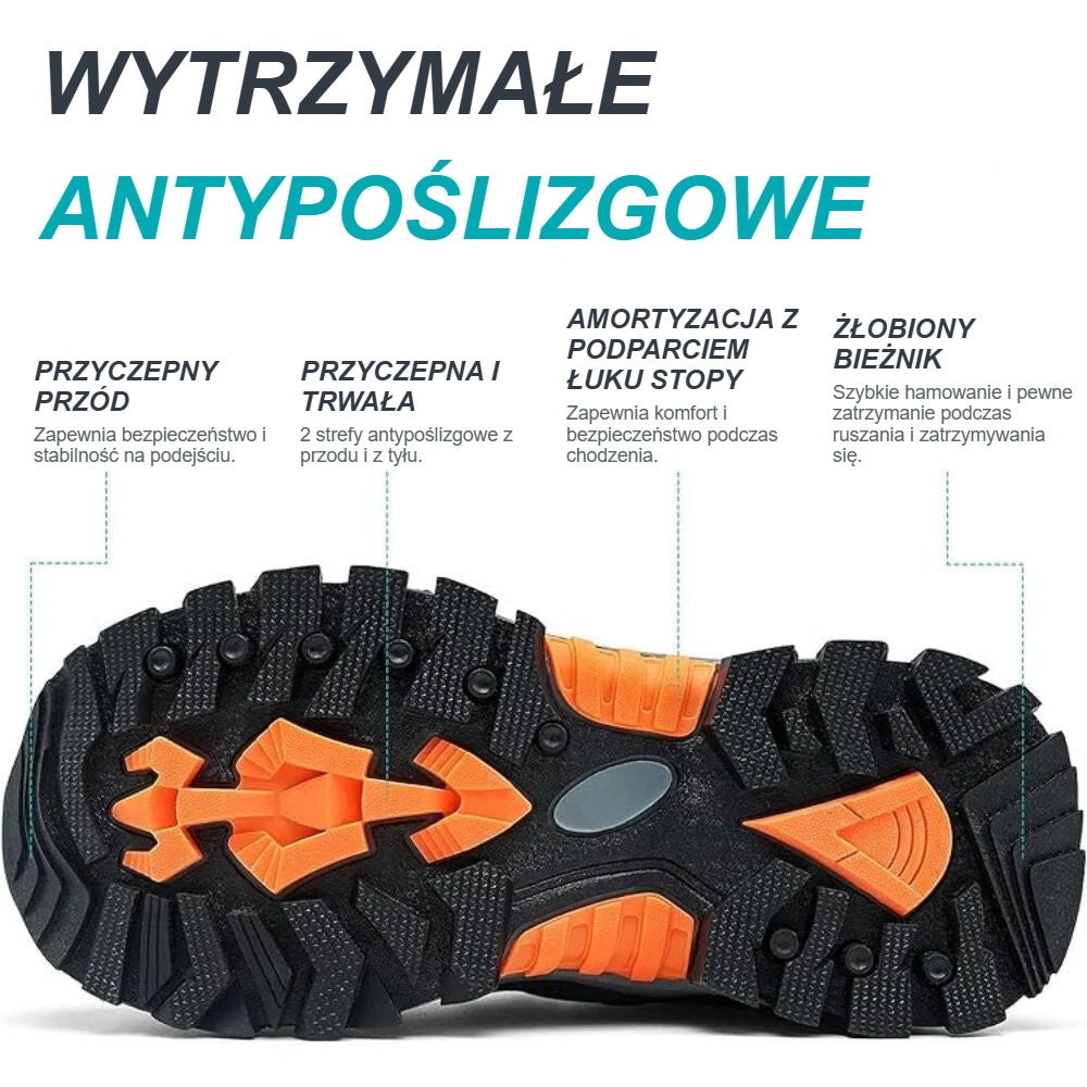 Pomarańczowe strefy antypoślizgowe na podeszwie TPR butów dziecięcych