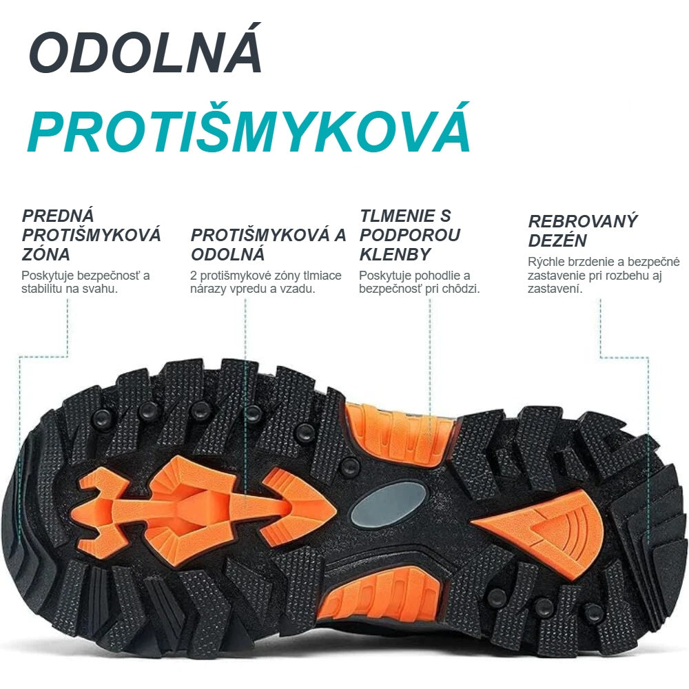 Oranžové protišmykové zóny na podrážke TPR detskej turistickej obuvi
