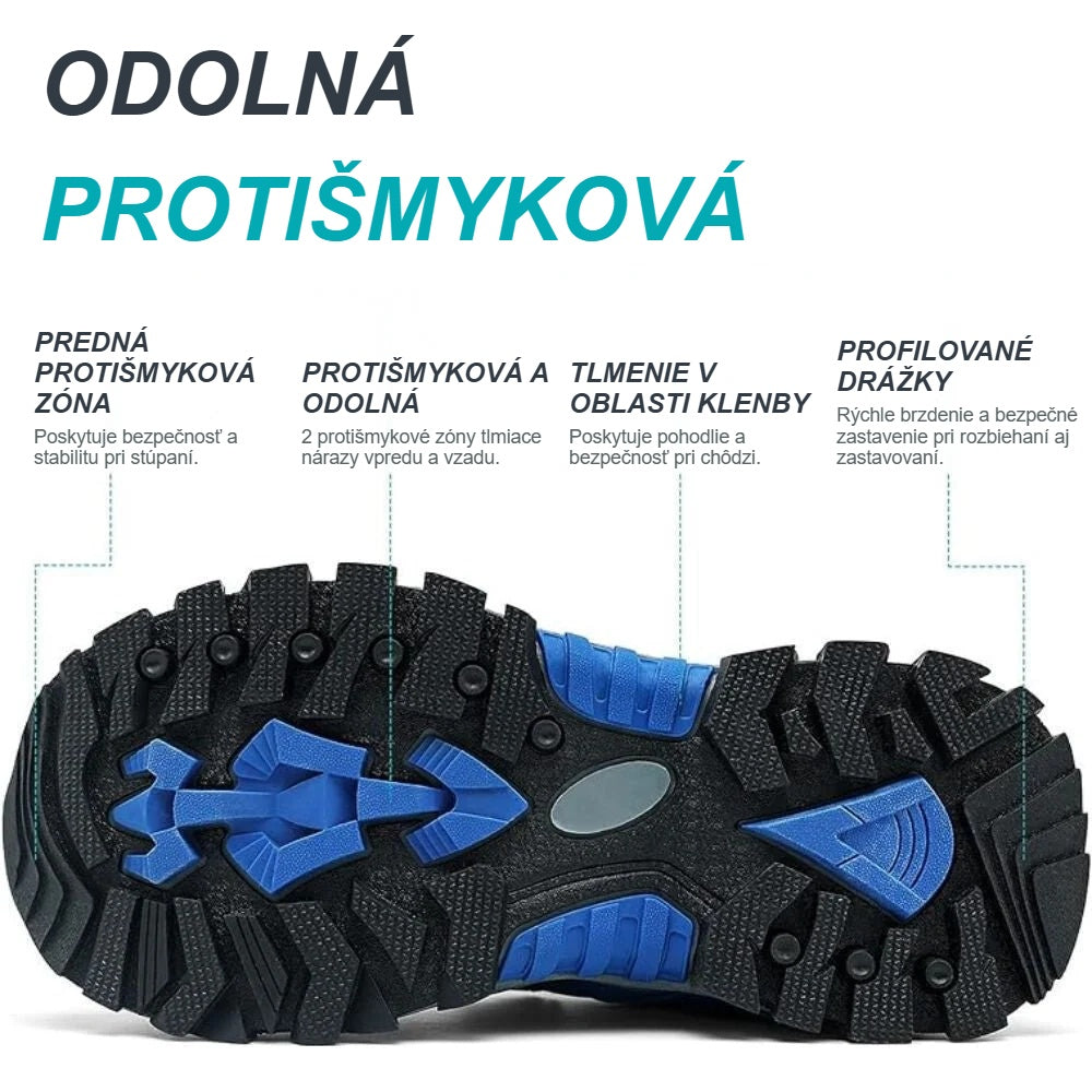 Protišmyková, odolná podrážka TPR detskej turistickej obuvi s vyznačenými zónami