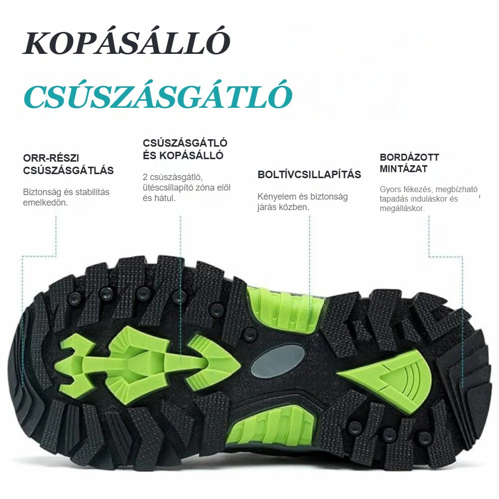 Gyerek túracipő bordázott, csúszásgátló TPR talpa zöld betétekkel