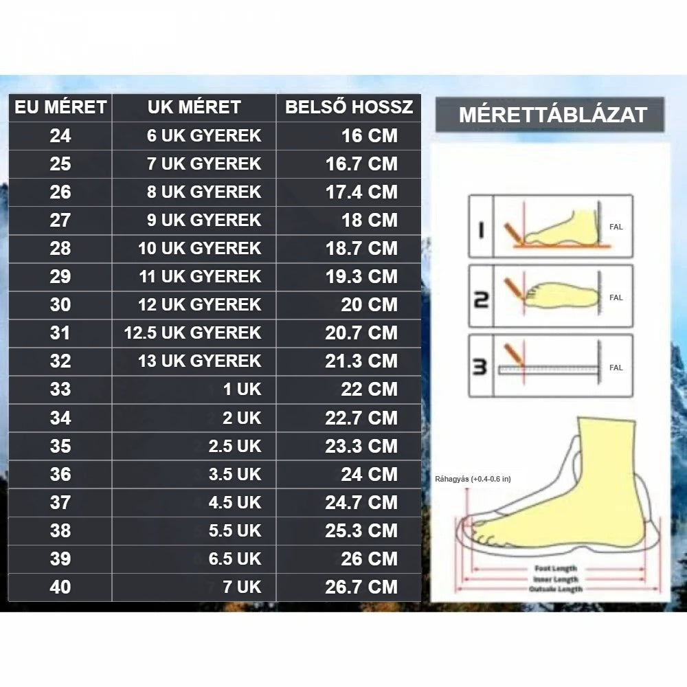 Gyerek túracipő mérettáblázata talphossz szerint
