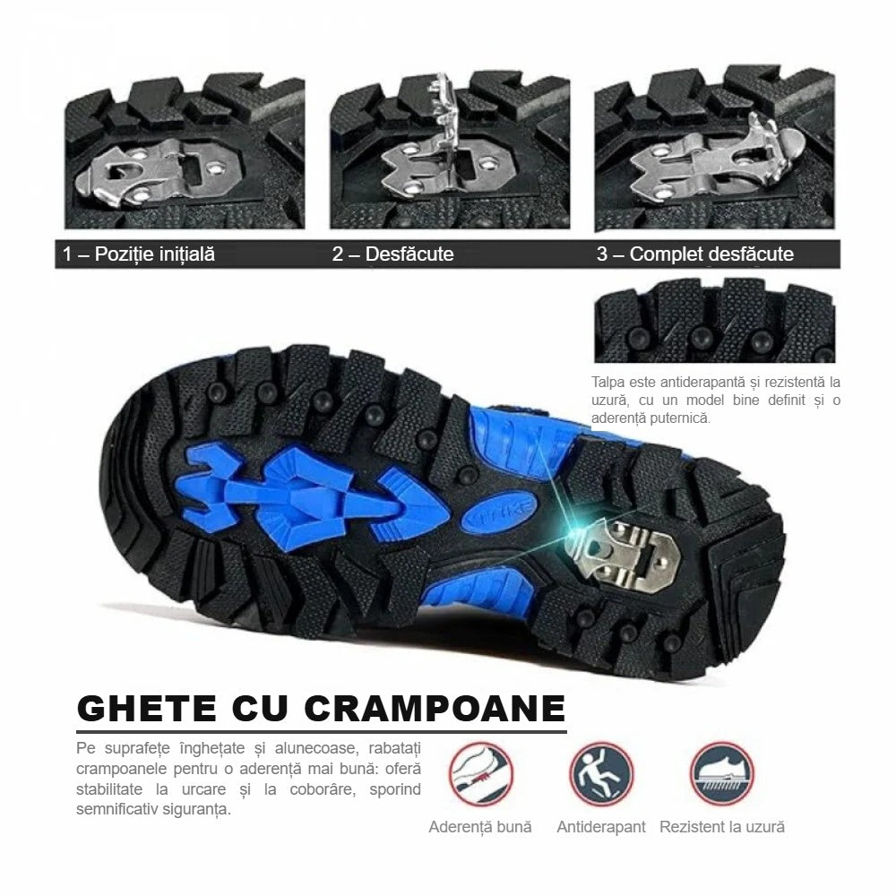 Crampoanele rabatabile ale ghetelor de iarnă în trei poziții și modelul tălpii