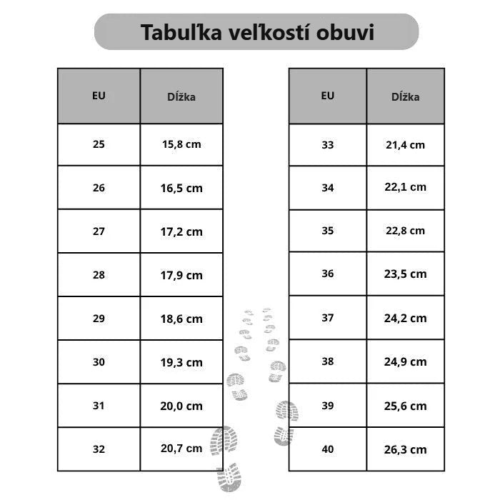 Tabuľka veľkostí zimnej obuvi: veľkosť EU a dĺžka chodidla v centimetroch