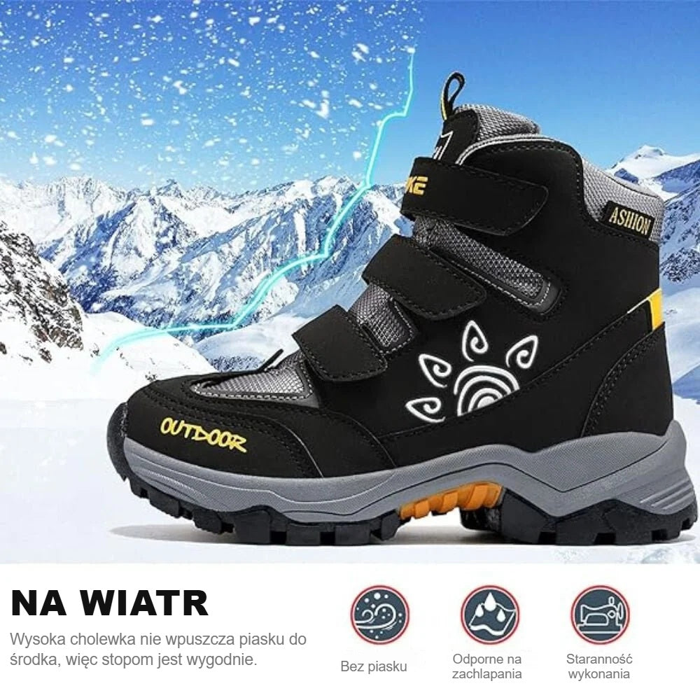 Buty zimowe w śnieżnym krajobrazie, z ikonami ochrony przed wiatrem i wodą