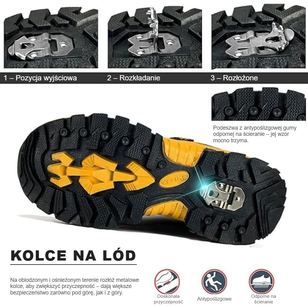 Rozkładane metalowe kolce butów zimowych w trzech pozycjach i antypoślizgowa podeszwa