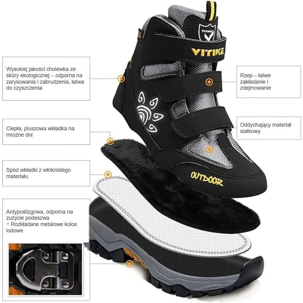 Budowa butów zimowych: cholewka z eko skóry, siateczka, pluszowa wkładka, antypoślizgowa podeszwa