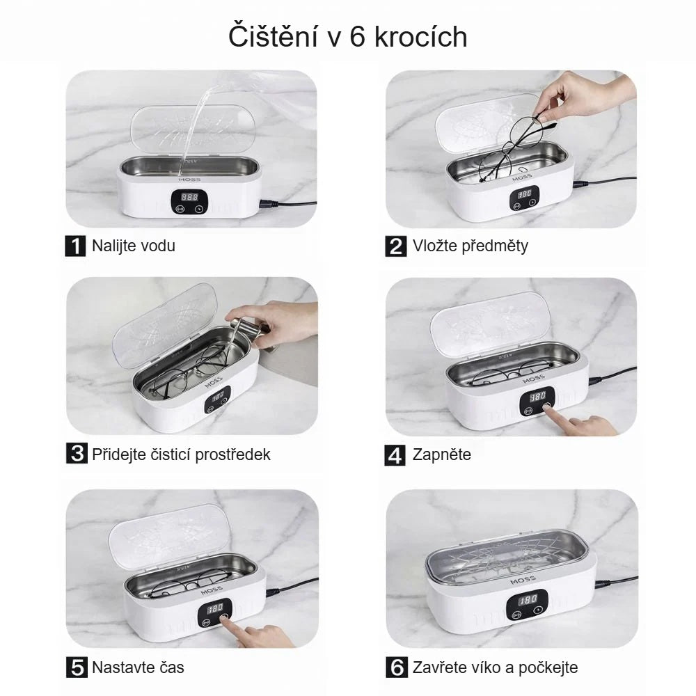 Použití ultrazvukové čističky v 6 krocích: voda, předměty, čisticí prostředek, zapnutí, čas