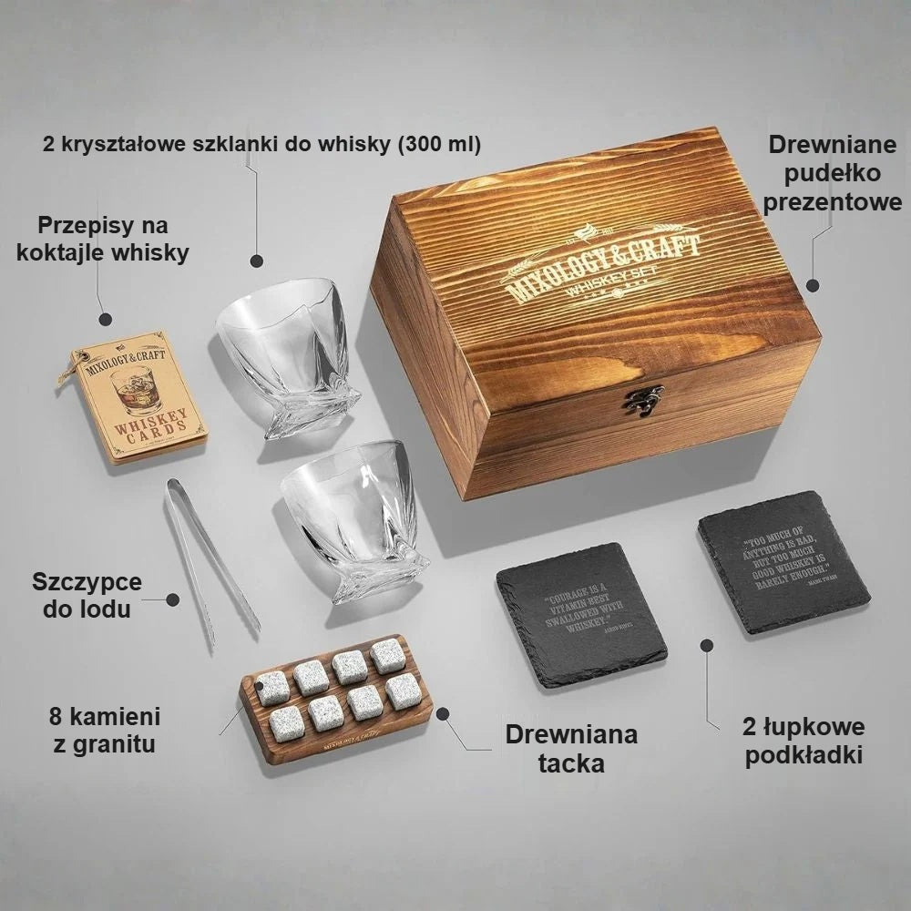 Elementy 15-elementowego zestawu do whisky z opisami