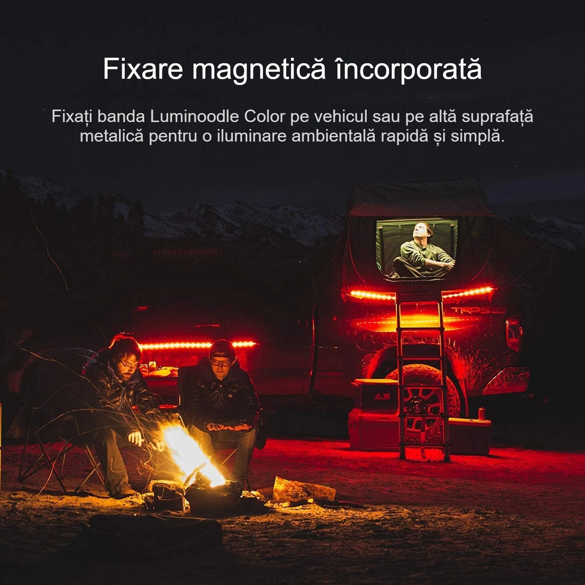 Bandă LED cu lumină roșie fixată cu magneți pe un vehicul