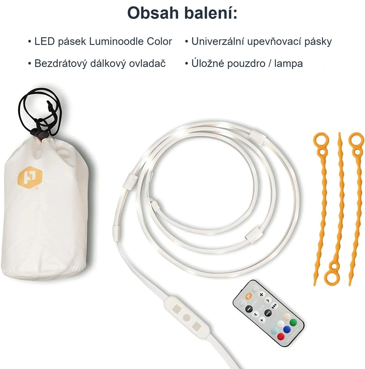 Obsah balení Luminoodle Color: LED pásek, dálkové ovládání, pouzdro, upevňovací pásky