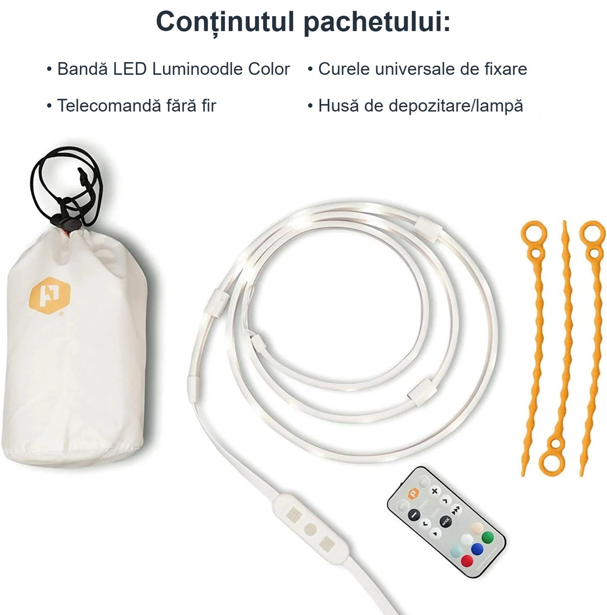 Conținutul pachetului Luminoodle Color: bandă LED, telecomandă, husă, curele de fixare