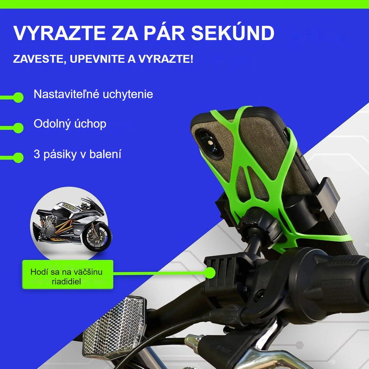 Montáž držiaka telefónu na riadidlá za pár sekúnd so zeleným pásikom