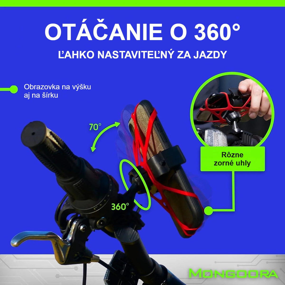 Otáčanie držiaka telefónu na bicykel o 360° na výšku aj na šírku