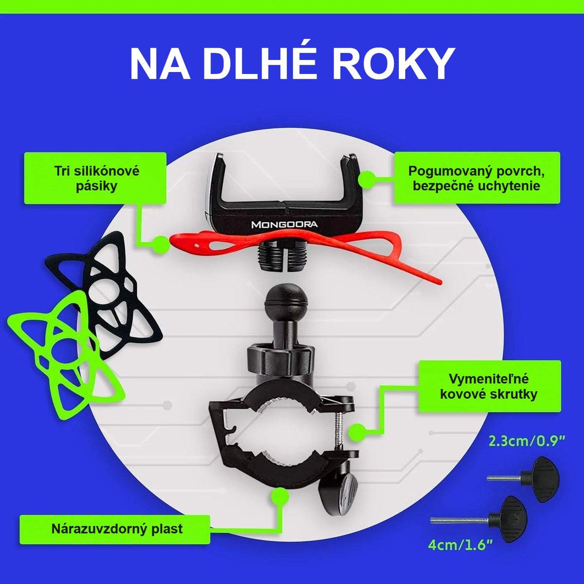 Odolné materiály držiaka: nárazuvzdorný plast, kovové skrutky, silikónové pásiky