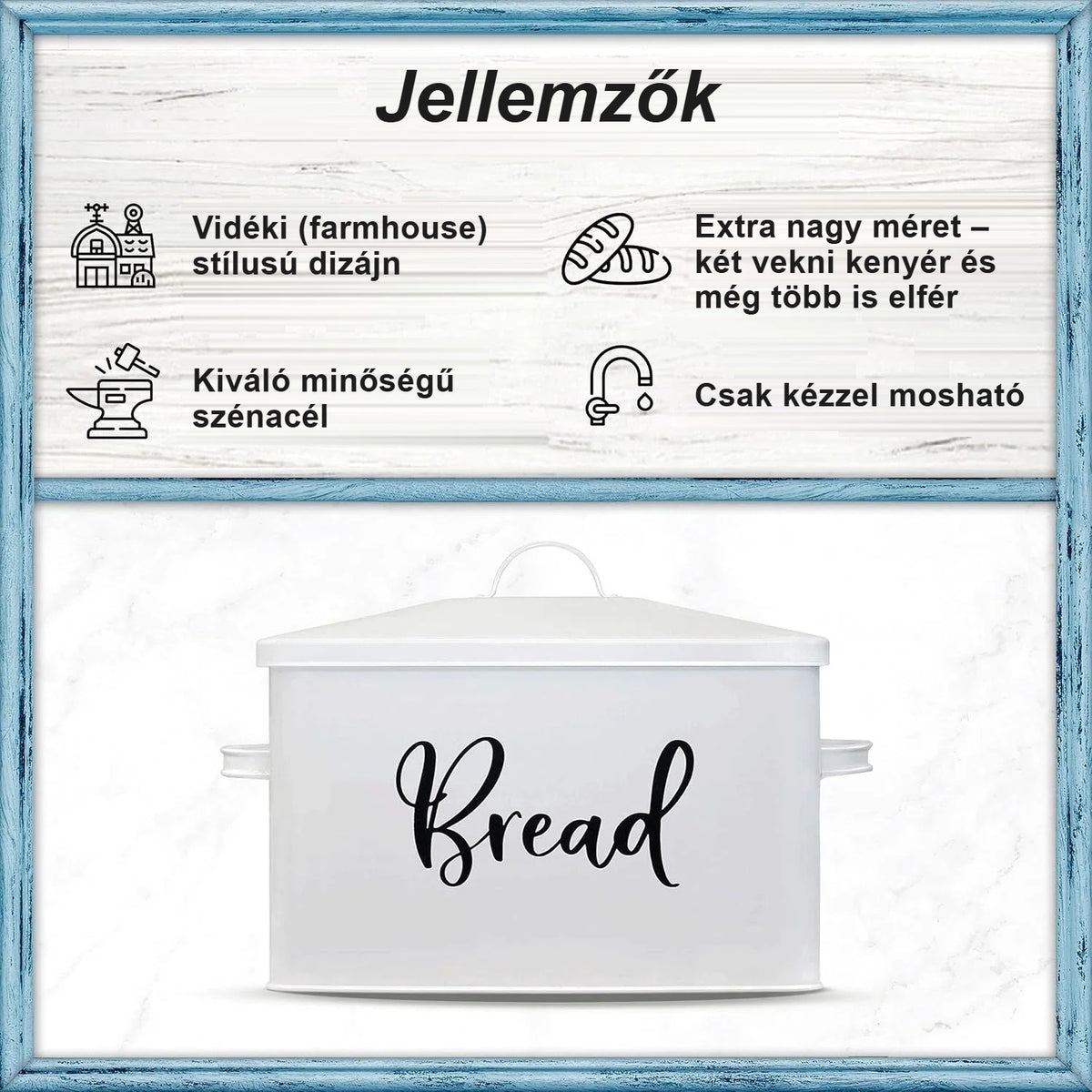 Kenyértartó jellemzői: vidéki stílus, szénacél, extra nagy méret