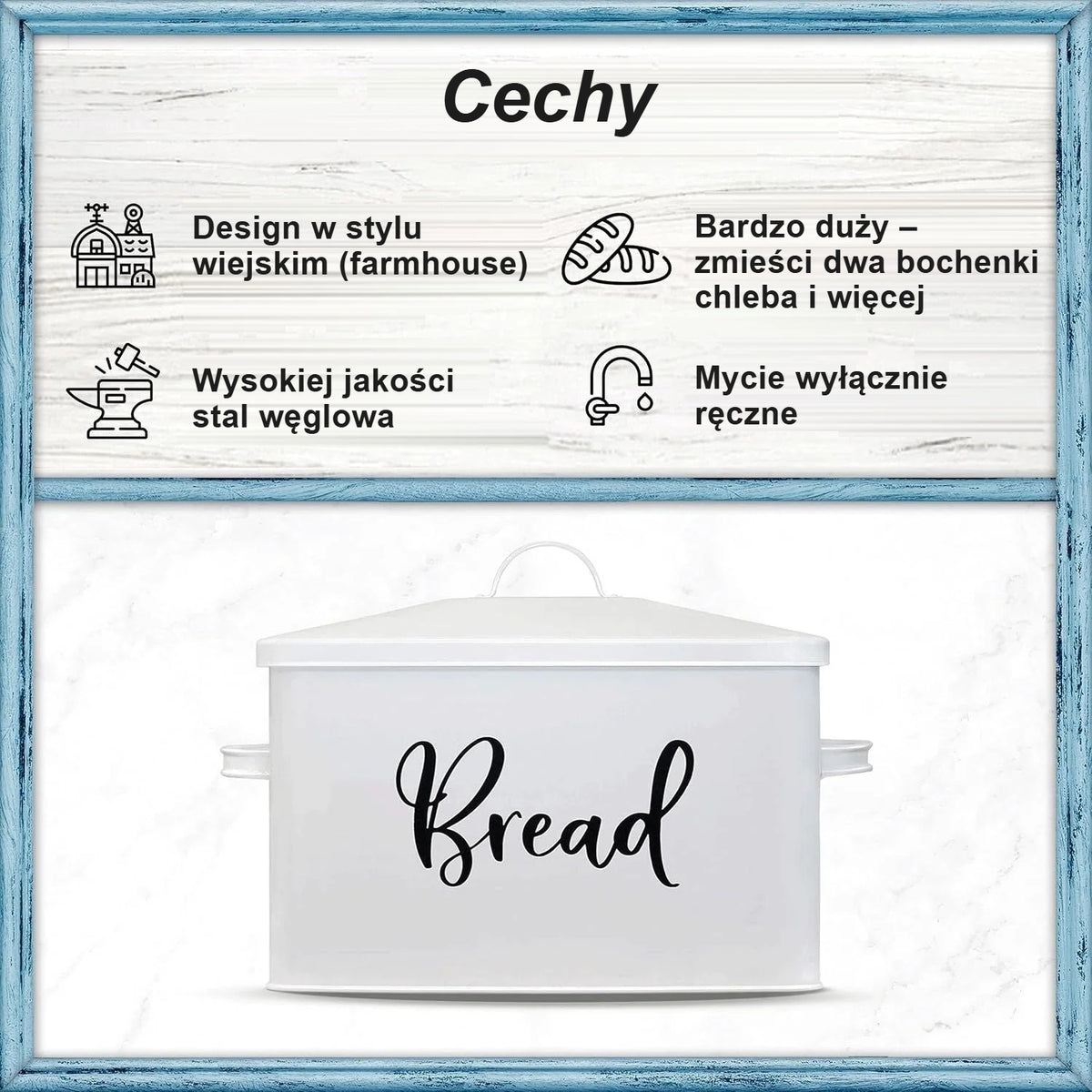 Cechy chlebaka: styl wiejski, stal węglowa, bardzo duży rozmiar