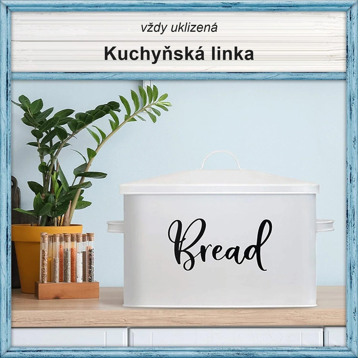 Bílý chlebník na uklizené kuchyňské lince