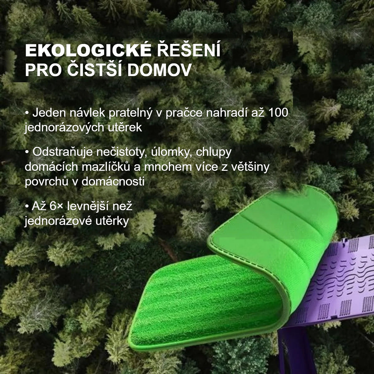 Zelený náhradní návlek na mop z mikrovlákna nad jehličnatým lesem – ekologické opakované použití
