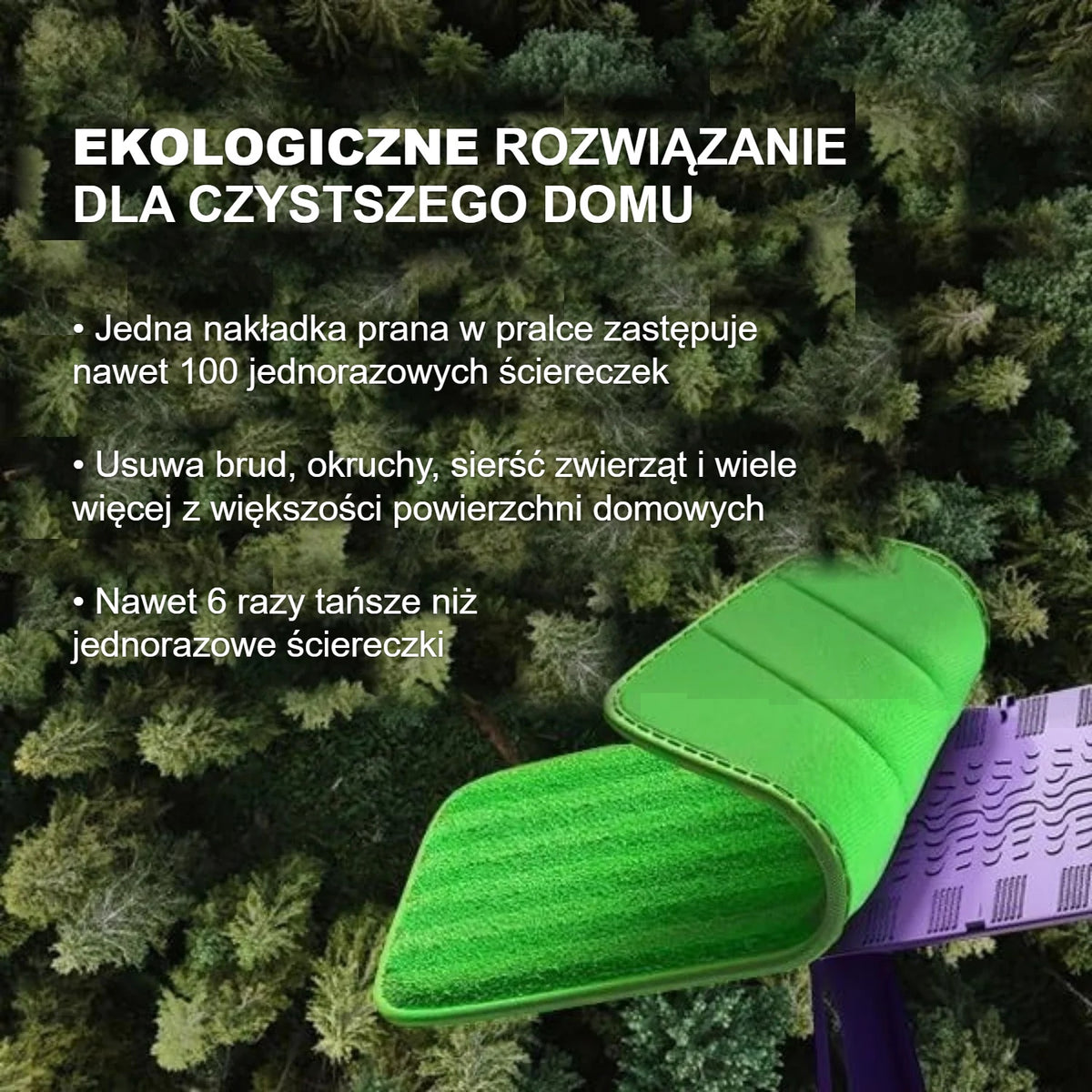 Zielona nakładka na mopa z mikrofibry nad lasem sosnowym – ekologiczne, wielokrotne użycie