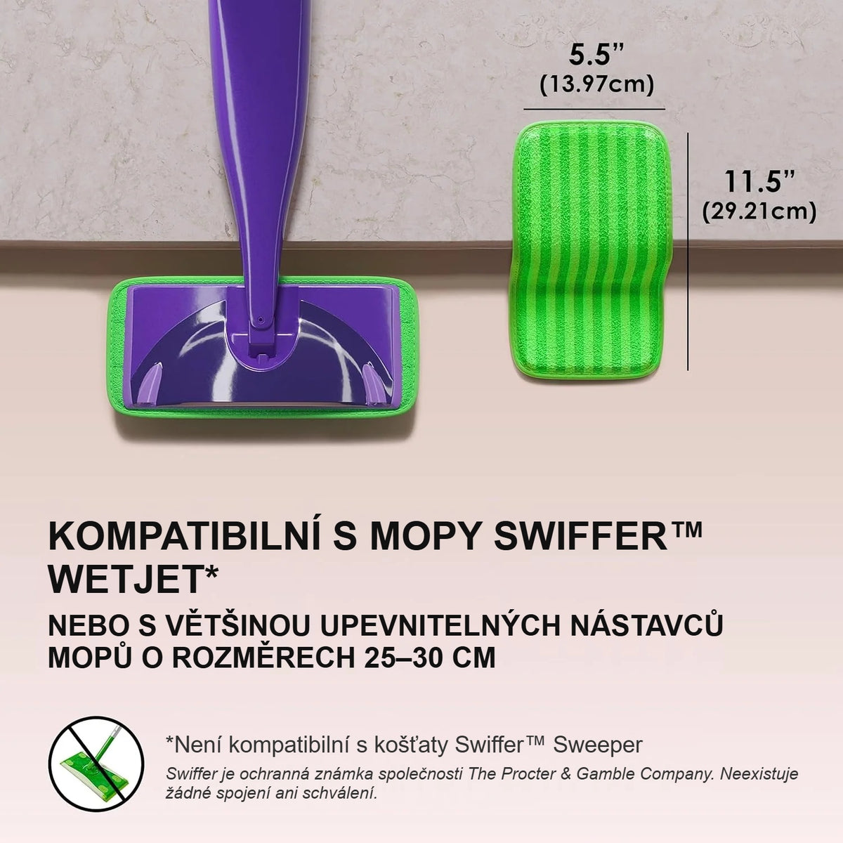 Náhradní návlek na mop z mikrovlákna na fialovém sprejovém mopu s vyznačenými rozměry