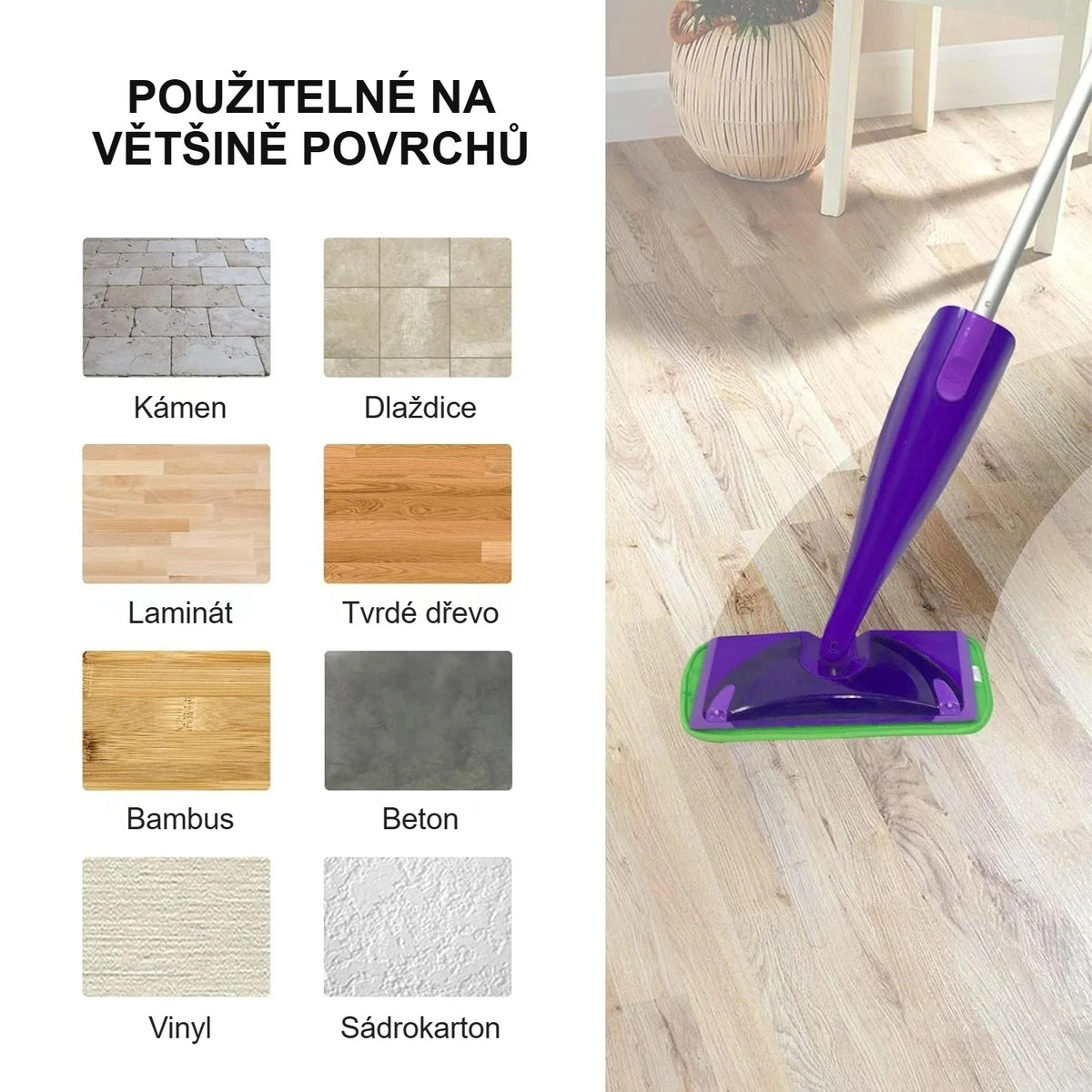 Náhradní návlek na mop z mikrovlákna na laminátové podlaze a vzorky vhodných typů podlah