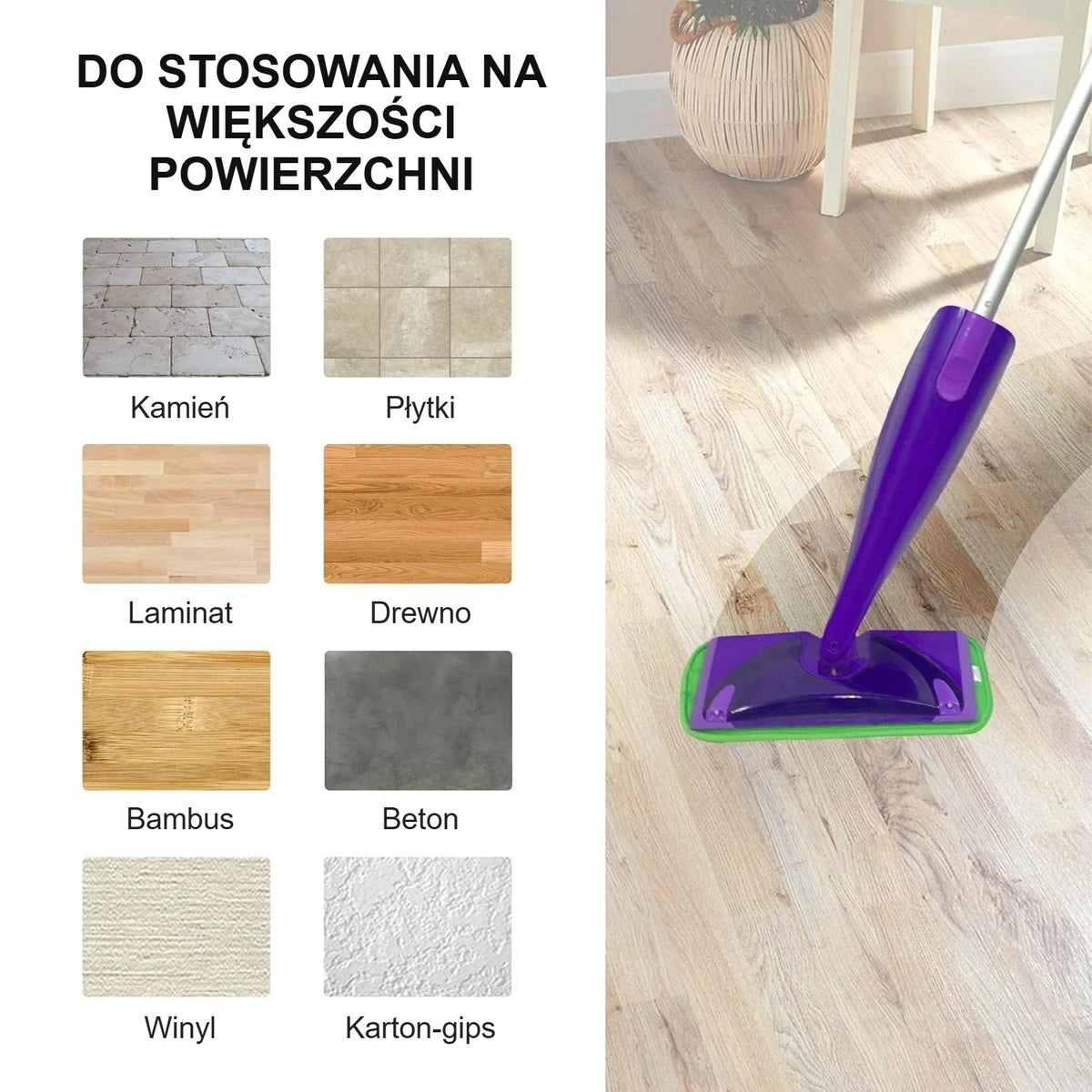Nakładka na mopa z mikrofibry na panelach, obok próbki rodzajów podłóg, na których można jej używać