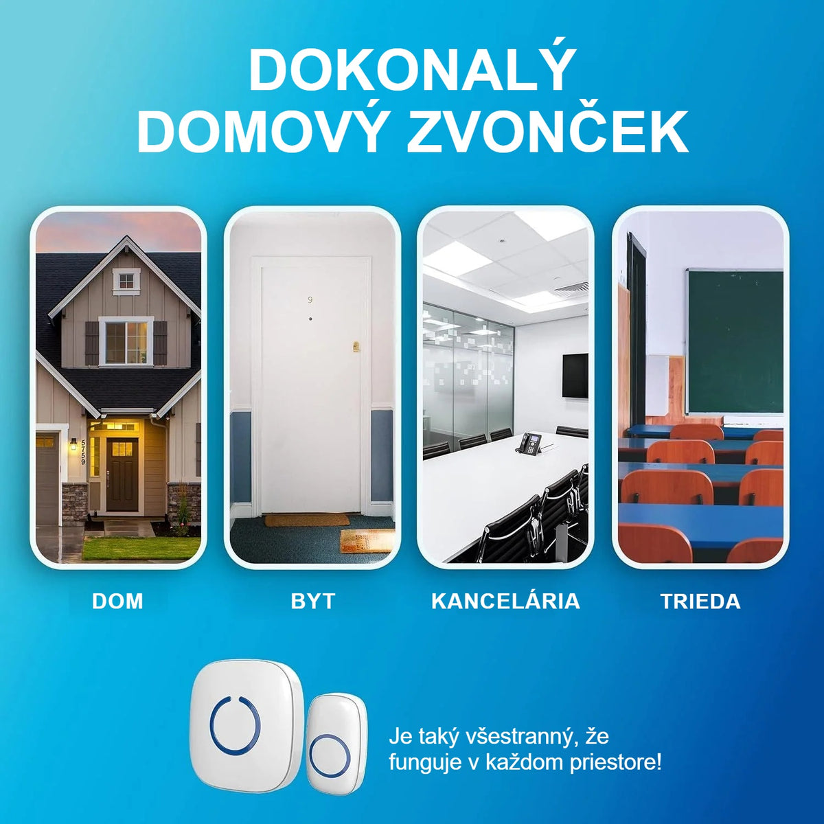 Bezdrôtový zvonček v dome, byte, kancelárii a triede