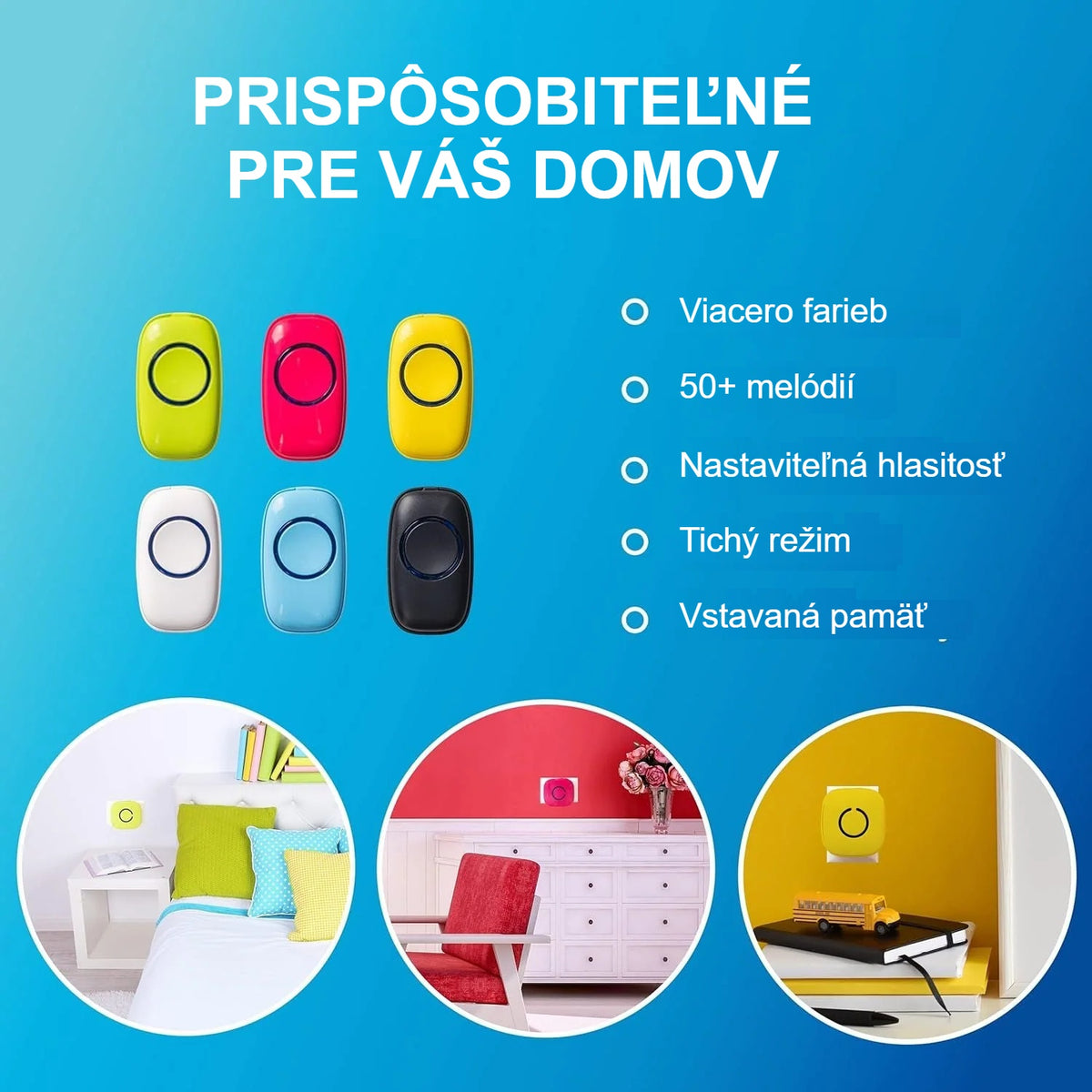 Farebné varianty bezdrôtového zvončeka, 50+ melódií, nastaviteľná hlasitosť, tichý režim