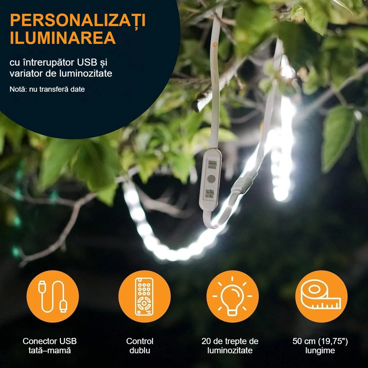 Lumina benzii LED USB printre copaci, cu funcțiile dimmerului