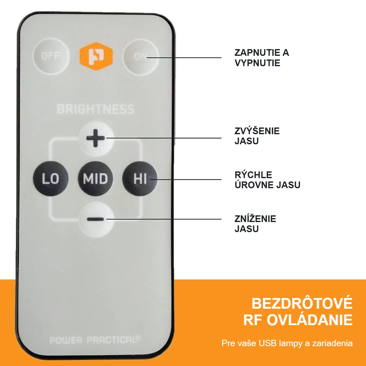 Tlačidlá RF diaľkového ovládača: zap/vyp, jas nahor/nadol, LO, MID, HI