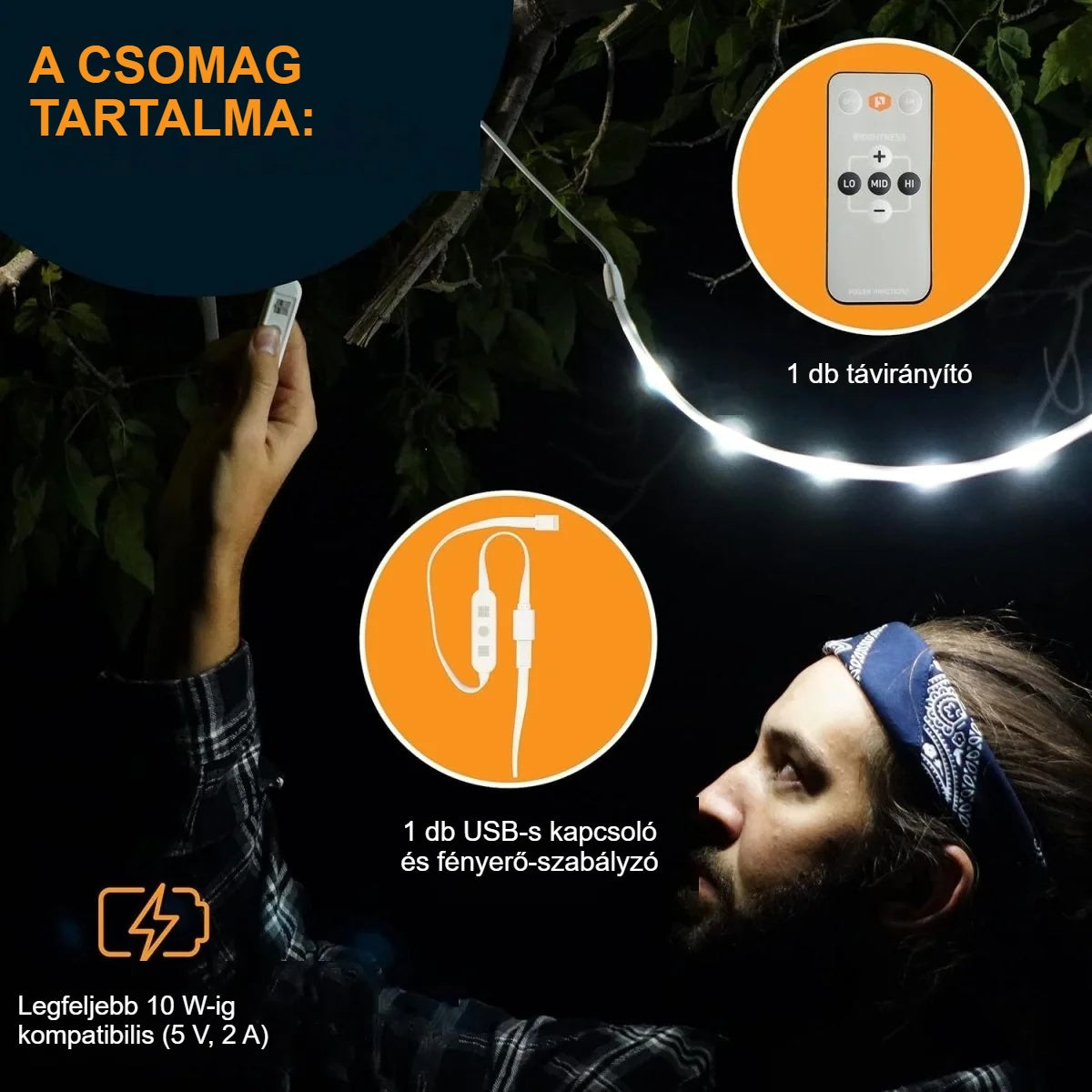 Csomag tartalma: USB kapcsoló és dimmer, távirányító