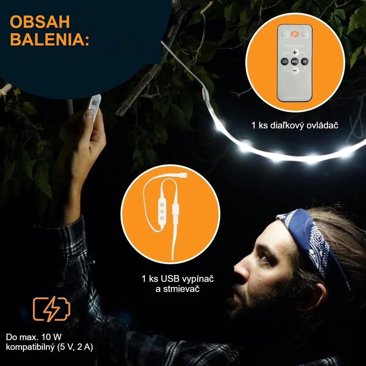 Obsah balenia: USB vypínač so stmievačom a diaľkový ovládač