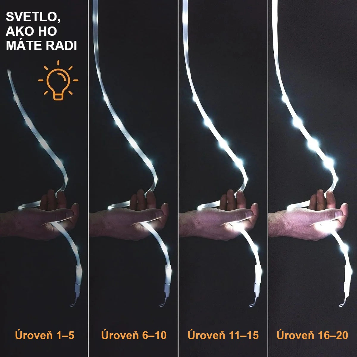Jas LED pásika v 20 stupňoch, v štyroch skupinách úrovní