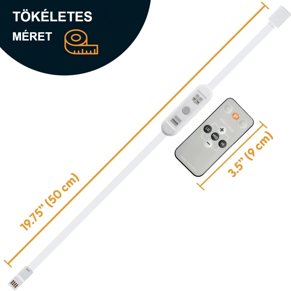 USB LED dimmer kábel hossza 50 cm, mellette a távirányító