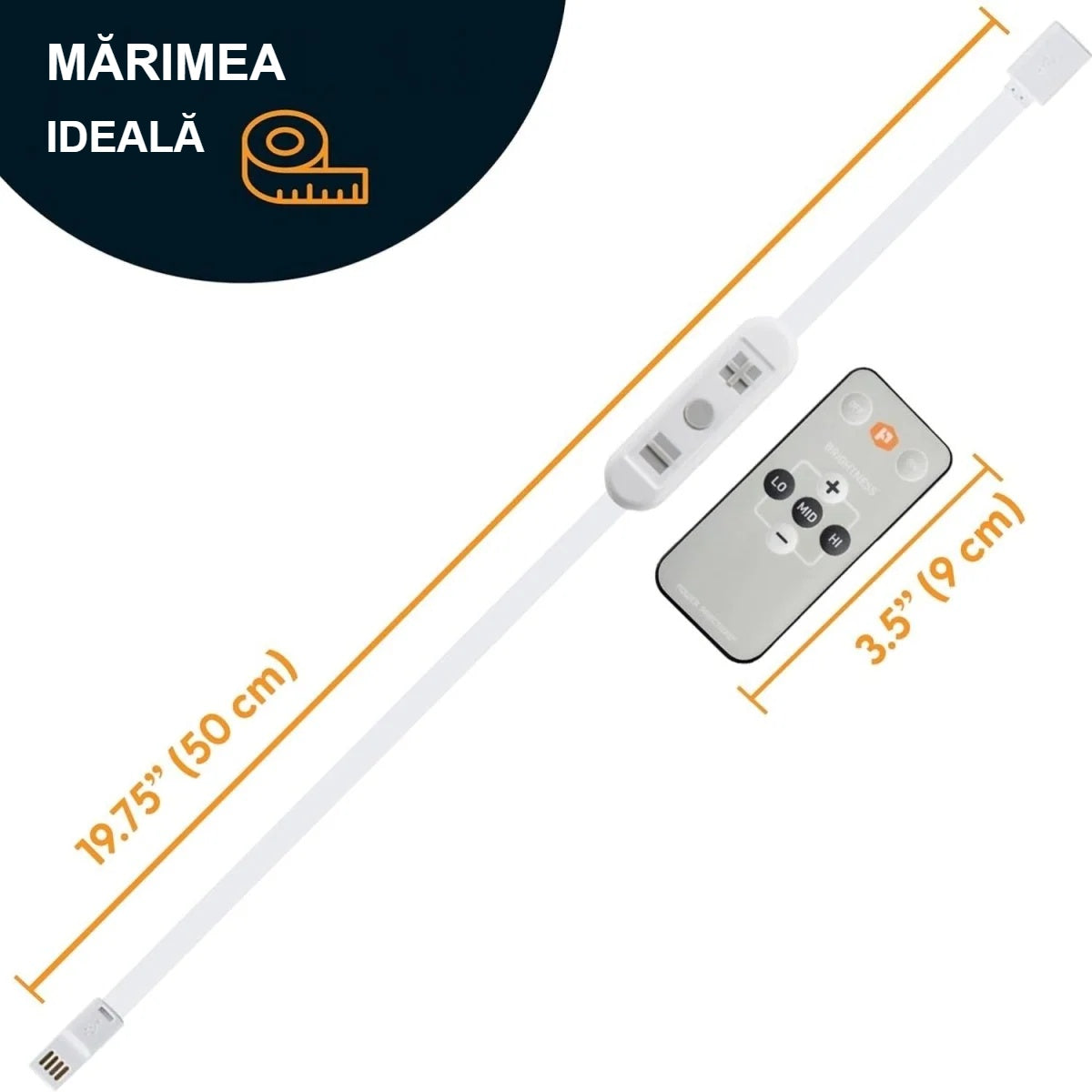 Cablul dimmerului USB LED are 50 cm, alături de telecomandă