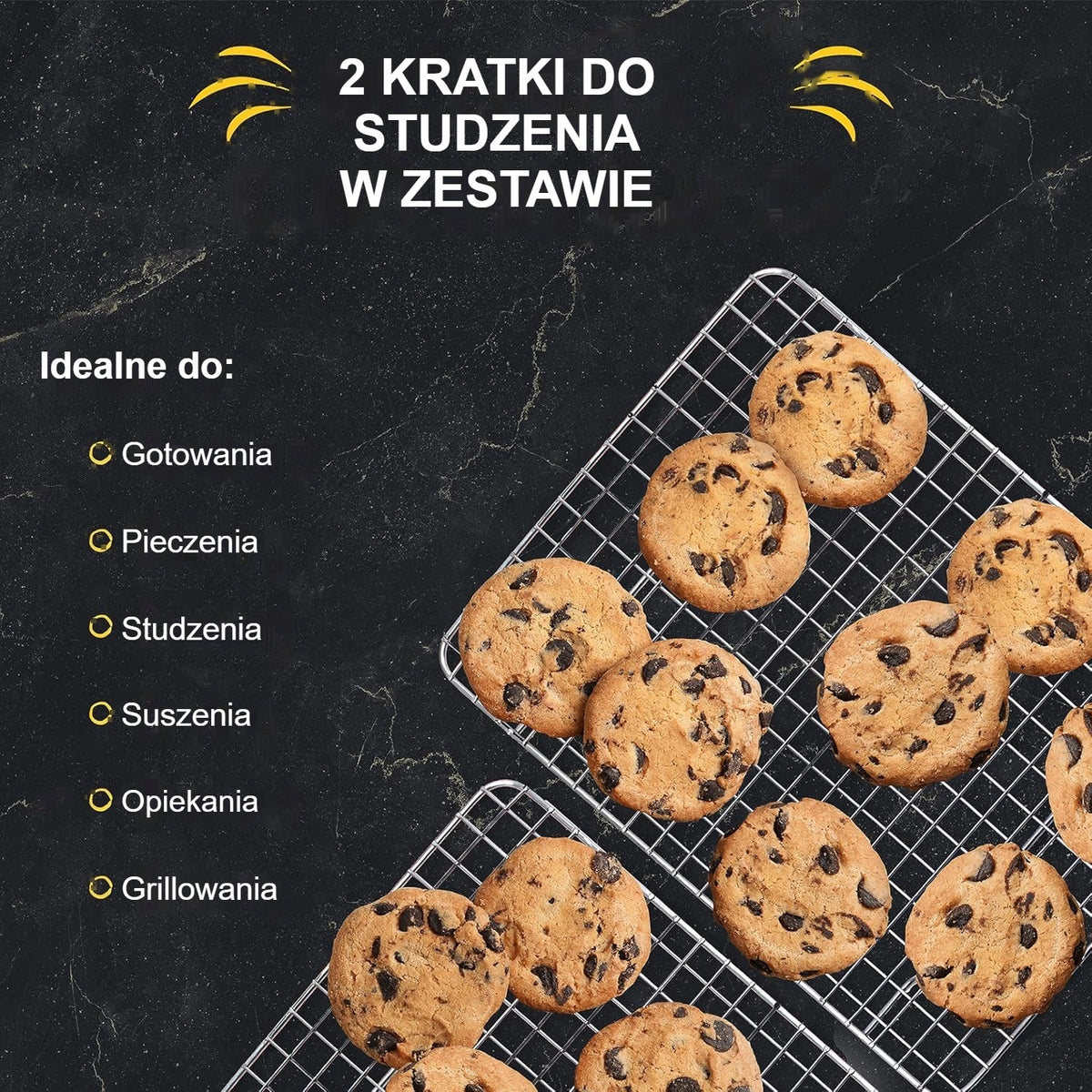 Dwie nierdzewne kratki do studzenia z ciasteczkami