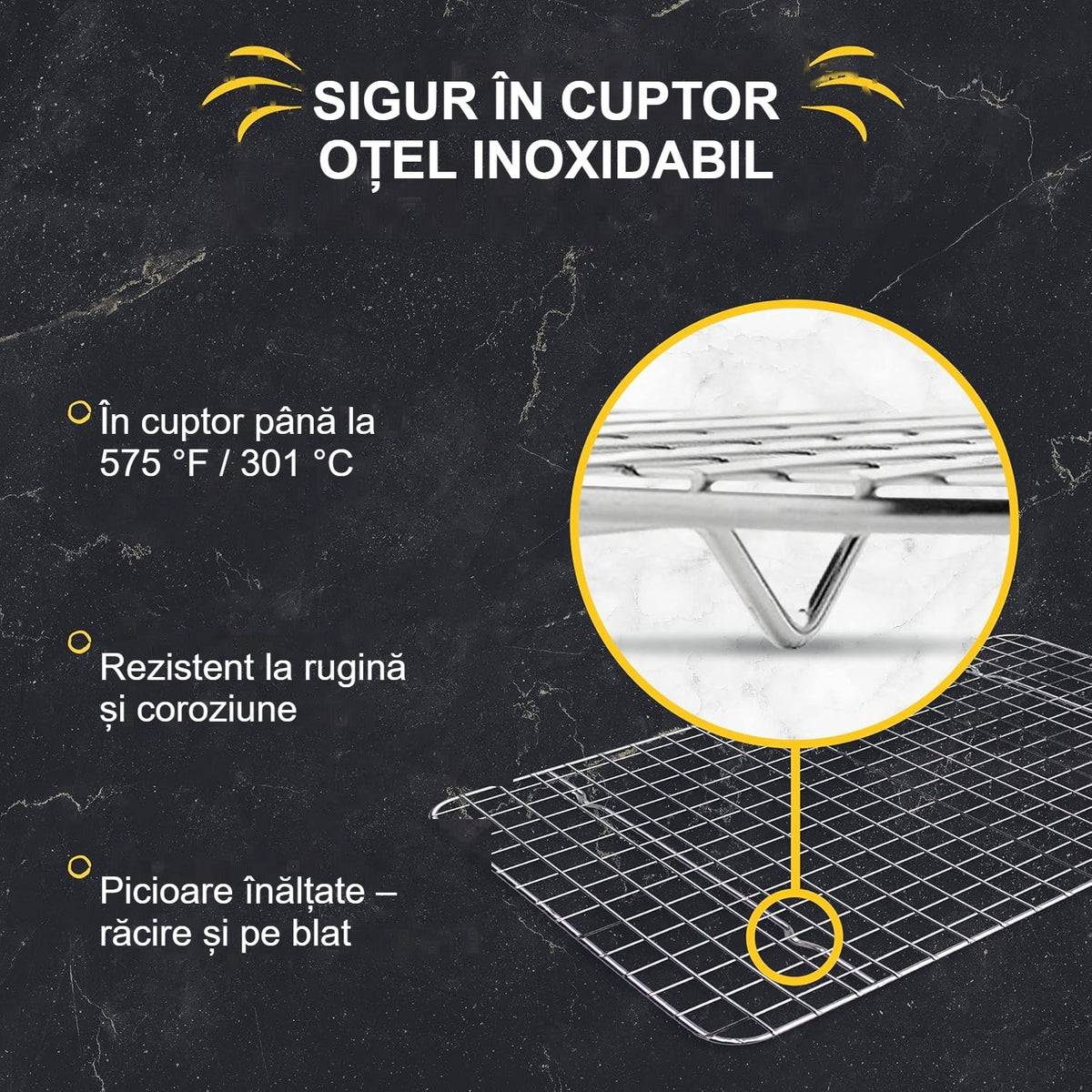 Grătar din oțel inoxidabil rezistent la cuptor, cu picioare înălțate, de aproape